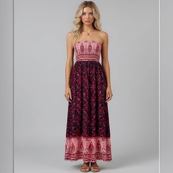 Dresses & Skirts - Red Boho Floral Print Tube Dress